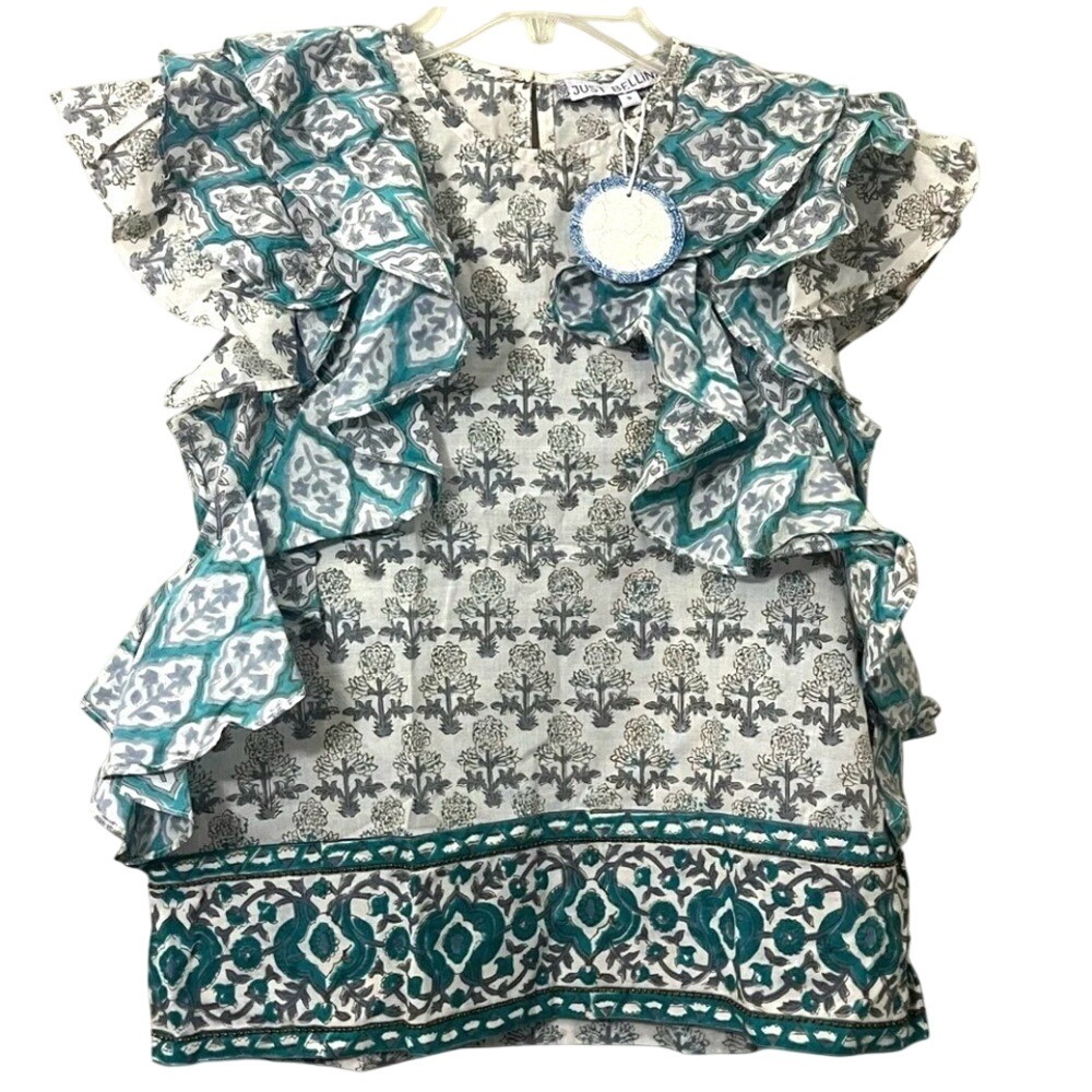 Just Bellina Short Sleeve Ruffle Top Cotton Embellished Beading Womens Small NWT